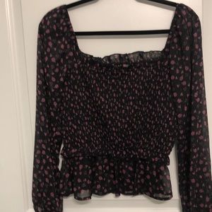 Blouse navy with purple flowers ribbed